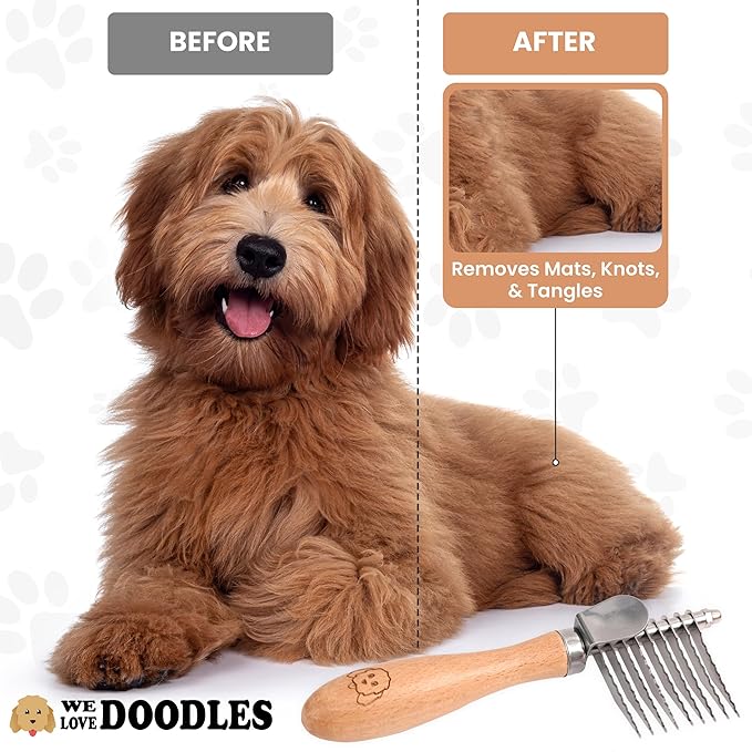 We Love Doodles Dog Dematting Brush & Rake, Dog Detangler Spray (Ocean Breeze) for Dogs, Bundle - Stainless Steel Blades - Made in the USA