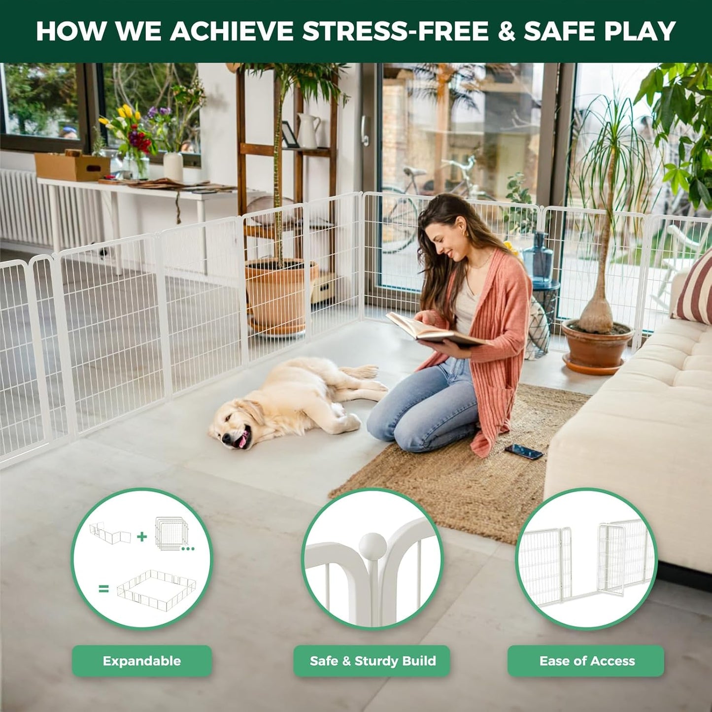 FXW Homeplus Unleashed Indoor Dog Playpen - Stress-Free and Safe Play, Heavy Duty 40 Inch 6 Wire Panels Dog Pen for Medium and Large Dogs, White│Patented