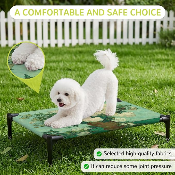 Outdoor Elevated Dog Bed for Medium Dogs, Botanical Flowers Breathable Cooling Raised Dog Cot for Indoor/Outdoor, Farmhouse Blossom Vase Floral Branches Waterproof Elevated Pet Beds, M 24 x 20 in