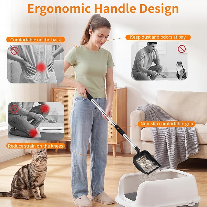 Yangbaga Metal Cat Litter Scoop: 32.3in Long Handle Litter Scooper | Heavy Duty Stainless Steel Pooper Scooper w/Deep Shovel-Detachable Non Stick Litter Sifter w/Foam Padded Grip-No Bending Back