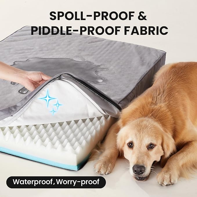 OhGeni Orthopedic Waterproof Dog Bed for Extra Large Dogs, Machine-Washable Removable Cover in Easy-Clean Fabric, Reversible Memory Foam & Easy-Carry Handle, Suitable for Crate, 41 inch (Gray)