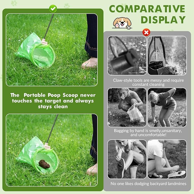 Dog Pooper Scooper, 43" Extendable Pooper Scooper Long Handle with 120 Bags | Portable Poop Scoop for Small Medium Large Dogs, No Touch, Stainless Steel, Lightweight, Foldable, Suit Yard, Park,Wild,City