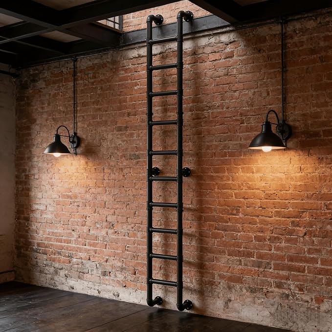 10 Rung Wall Mounted Ladder Heavy Duty 450lbs Capacity, 10FT Steel Pipe Fire Escape Ladder for Egress Window & Basement, Industrial Wall/Floor-Mounted Loft