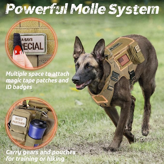 rabbitgoo Tactical Dog Harness X-Large, Heavy Duty Military No Pull Vest | Sturdy Metal Buckles, 5 Adjustments, Molle System, Powerful Pullers for Training, Hunting, Outdoor, Brown, X-Large