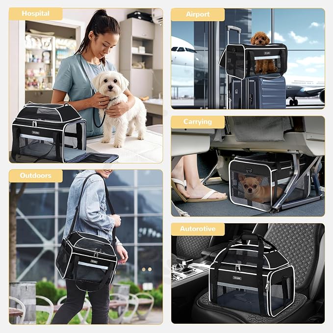Lekereise Top-Expandable Pet Carrier 17x11x9.5 Inch Alaska Hawaiian Airline Approved Soft Sided Underseat to 12lbs Travel Carriers for Small Dogs and Cats with Locking Safety Zippers Anti-Scratch Mesh