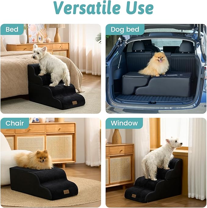 Detachable Curved Dog Stairs 19.7" H, 4 Step Small Dog Step for Puppy or Older Cat, Ramp for Bed, Sofa, Couch or Chair, Ladder with High Density Foam, 15.7x28.3x19.7 inch, Black