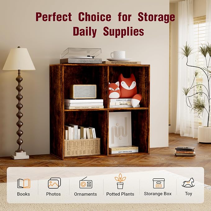 Book Shelf, Wooden Cube Storage Organizer with 11" Open Cubes, Stackable Bookcase for Room Divider Storage, 2 Tier Bookshelf for Living Room, Bedroom, Office (Indonesian Antique Oak, 4-Cube)