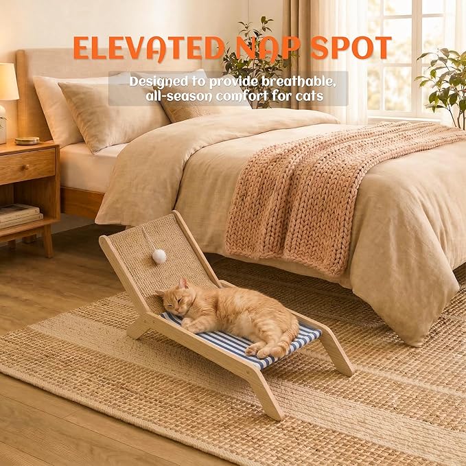 PETKARAY Beach Chair Cat Hammock, Elevated Cat Beds for Indoor Cats, Original Cozy Lounger with Sisal Scratcher and Toy Ball
