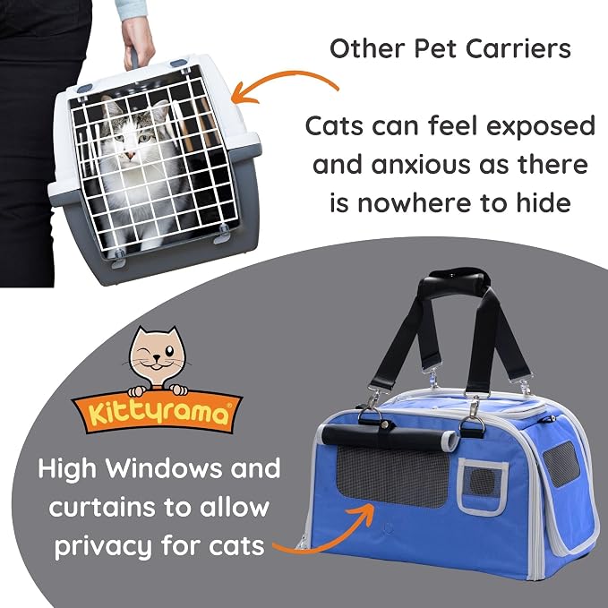 Kittyrama Soft-Sided Airline Approved Cat Carrier with Expandable Hideaway | Escape-Proof SBS Self-Locking Zippers | 22 lb Capacity | Vet Approved | Top & Side Entry | 17×11×11 in