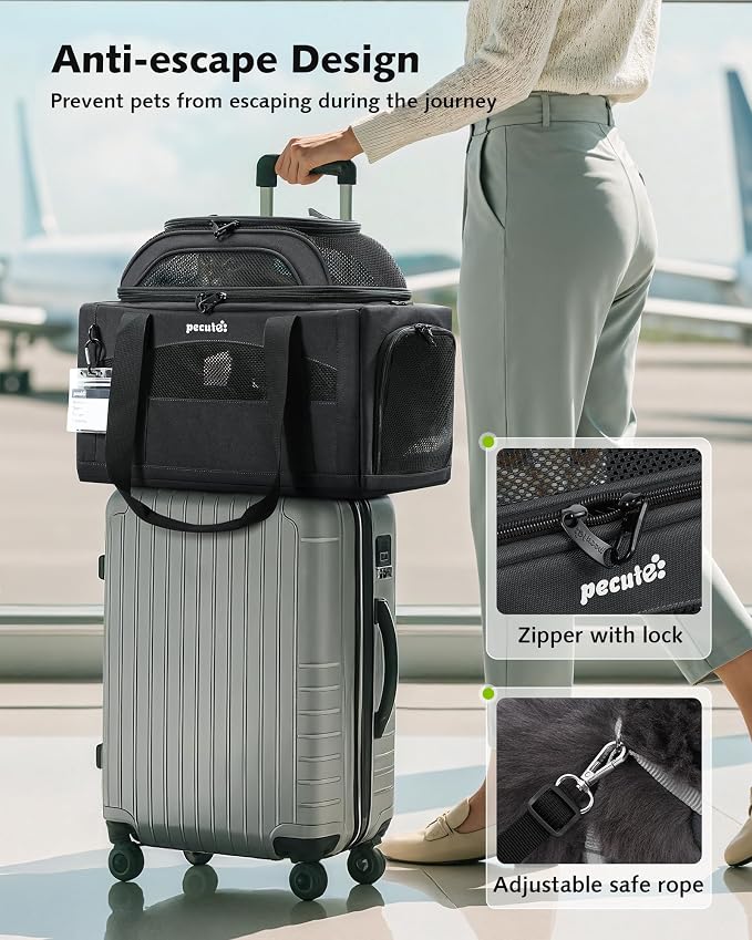 Pecute Expandable Pet Carrier Airline Approved Dog Cat Carrier, Breathable Soft-Sided with Locking Zippers, Pet Travel Bag for Small Dog Cat Anti-Scratch Mesh Leakproof Pee Pad (Dark Gray)