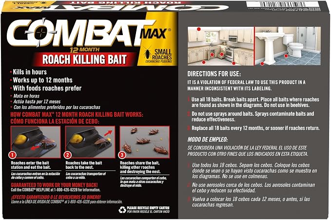 Combat Max 12 Month Roach Killing Bait, Small Roach Bait Station, 18 Count, Child-Resistant, Fast-Acting Fipronil Cockroach Killer & Nest Destroyer, No Vapor, Fumes or Odor, Mess-Free