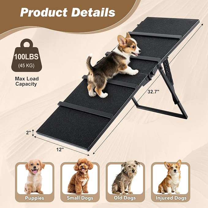 Metal Dog Ramp for Couch, Foldable Pet Ramp for Small Dogs 100 LBS | Upgraded & Stable, Adjustable Height 7.5"-19.7", Non-Slip Pad, Portable Pet Ramps for Sofa Couch Stairs, No Assembly