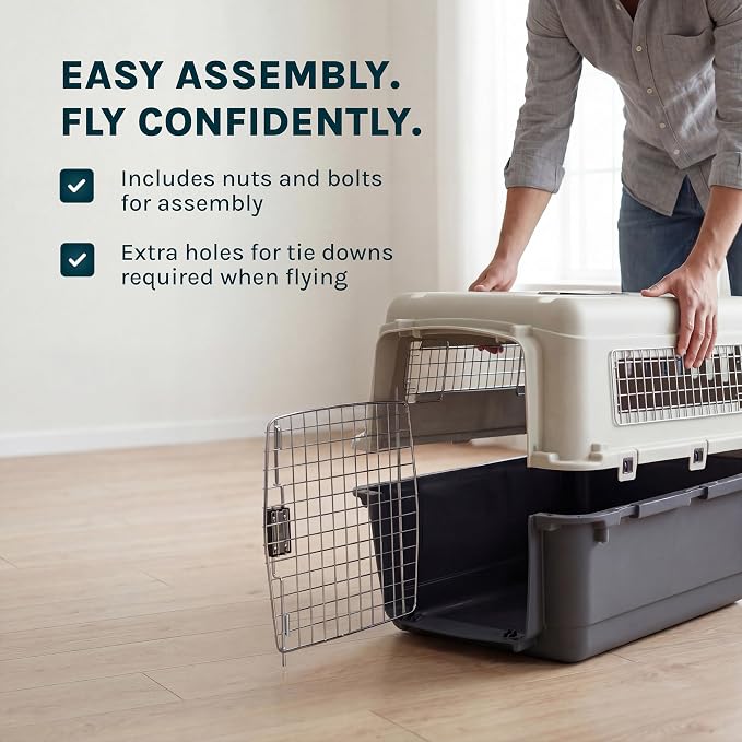 SportPet Airline Compliant XX-LARGE 39" Travel Dog Kennel-Durable Plastic Airline Pet Carrier w/ Removable Wheels & Food Bowls, Collapsible Indoor/Outdoor Dog Kennel, Dogs up to 36"L & 27"H-Cream/Gray