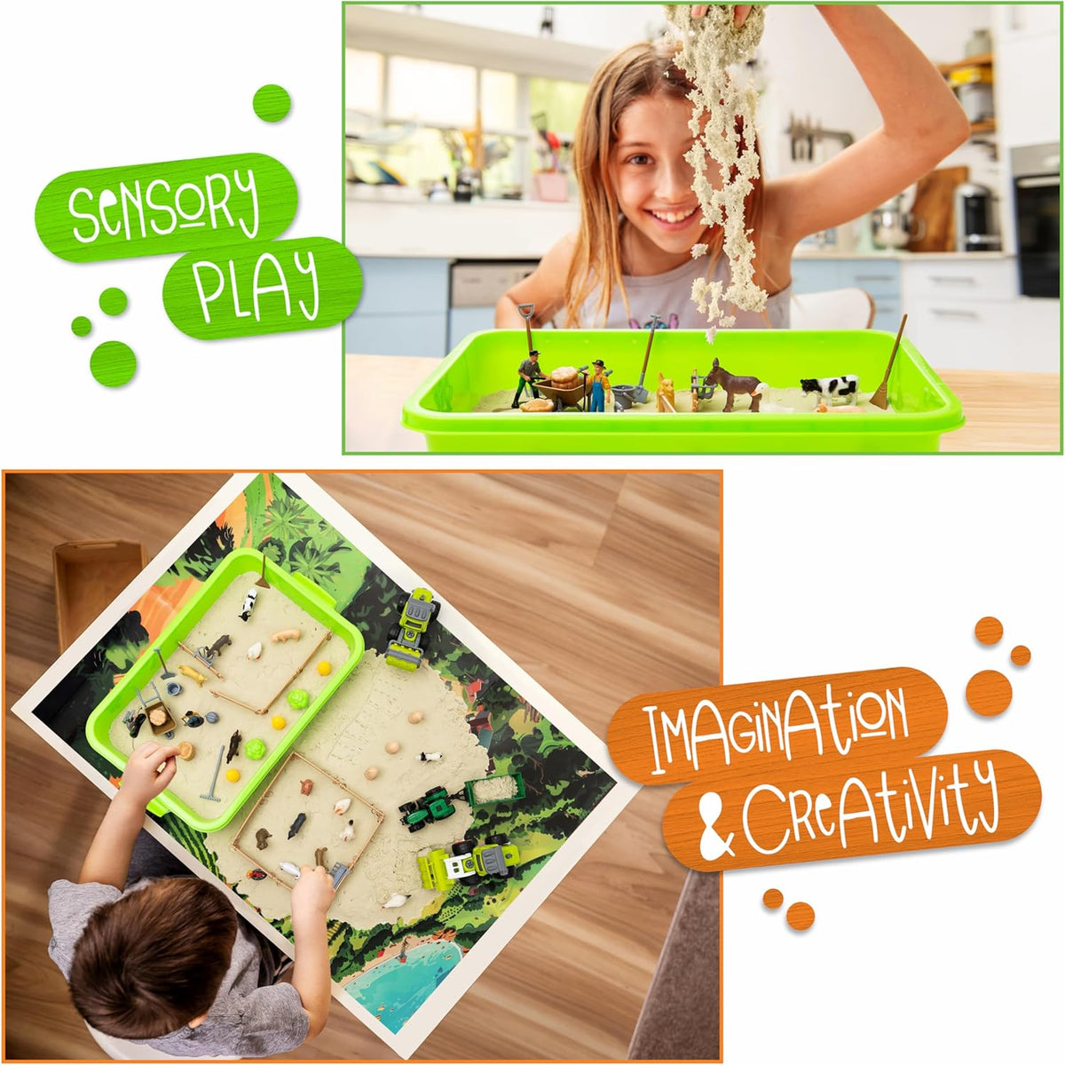 59 PCS Farm Sensory Bin Sandbox with Lid, 2.2 LB Sensory Sand, 40 Toddler Farm Toys, 3 Take Apart Construction Trucks -Sensory Toys for Kids 5-7, 3-4 & Up- Kids Gifts for Boys and Girls