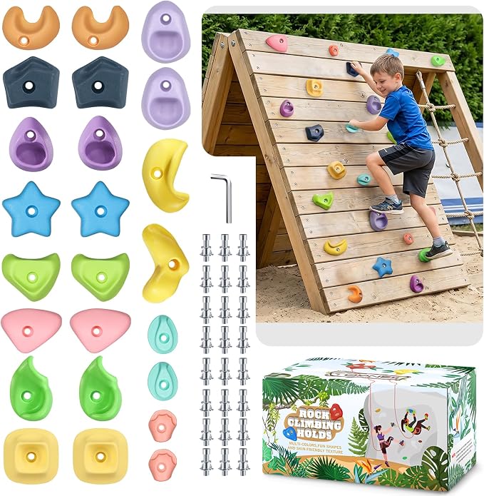 TOPNEW Climbing Holds for Kids, Rock Wall Holds with Hardware - Climbing Rocks for Indoor Outdoor Playground Climbing Wall (24 Pcs)