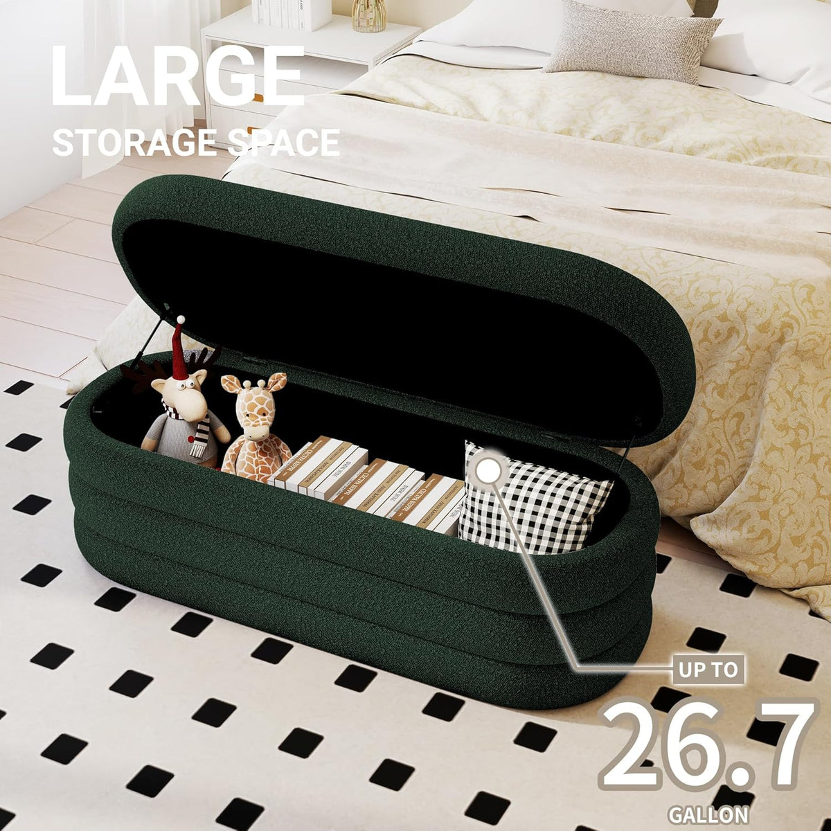 Storage Ottoman Bench 49.2 Inch Upholstered Fabric Storage Bench for Bedroom End of Bed Aesthetic Large Oval Ottoman for Living Room(Dark Green)