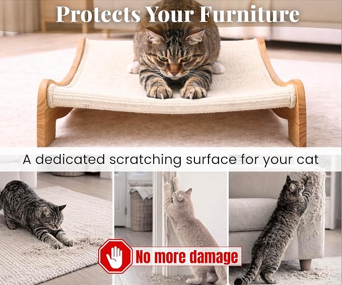 Extra Wide Cat Scratcher Bed, 26.5 x 16.7 in, Natural Sisal, Solid Wood | Stable design, supports cats up to 44 lb, renewable sisal fibres, durable and economical cardboard-free alternative