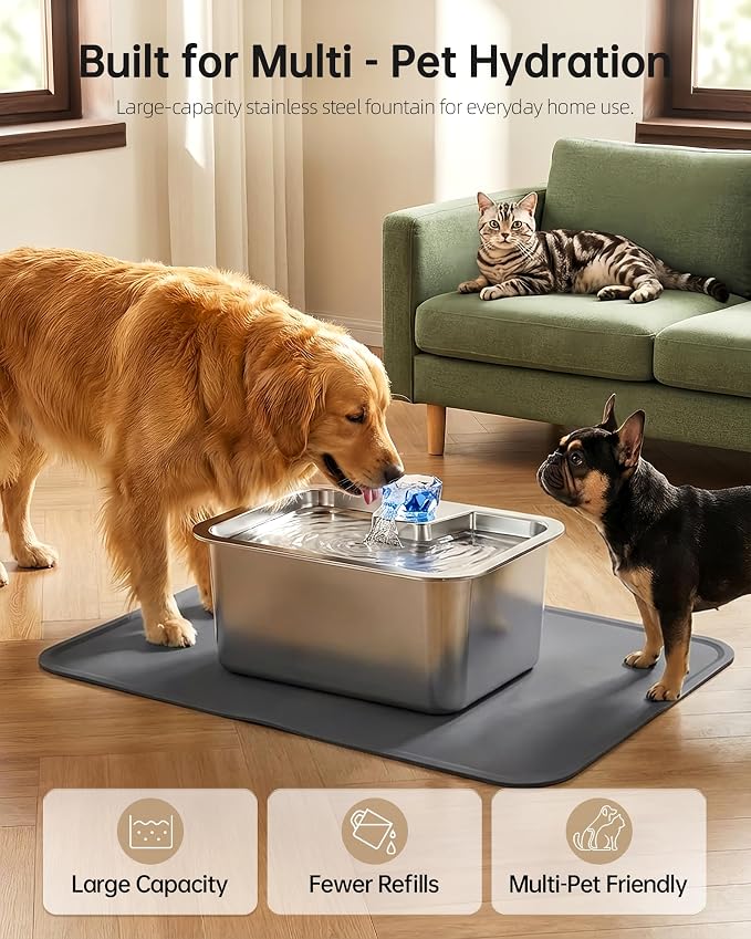 Dog Water Fountain with Silicone Mat - 3 Gallon Stainless Steel Pet Water Fountain with 6 Filters, Quiet Automatic Bowl Dispenser Drinking Waterer for Large Dogs & Multi-pet, Easy to Clean, Indoor Use
