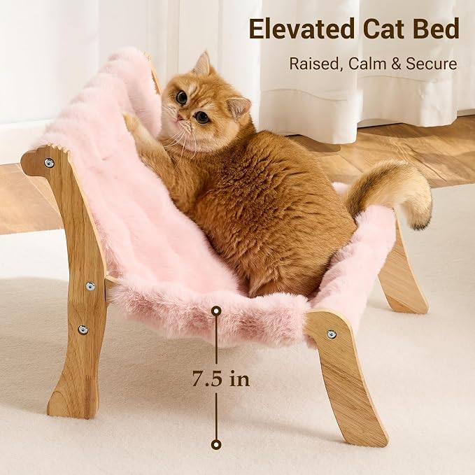 Solid Wood Cat Couch Bed for Indoor Cats, Modern Cat Sofa with Ultra-Soft Plush Surface Washable, Reclined Backrest, Elevated Elevated Cat Lounge Furniture for Small to Adult Pets, Sakura Pink