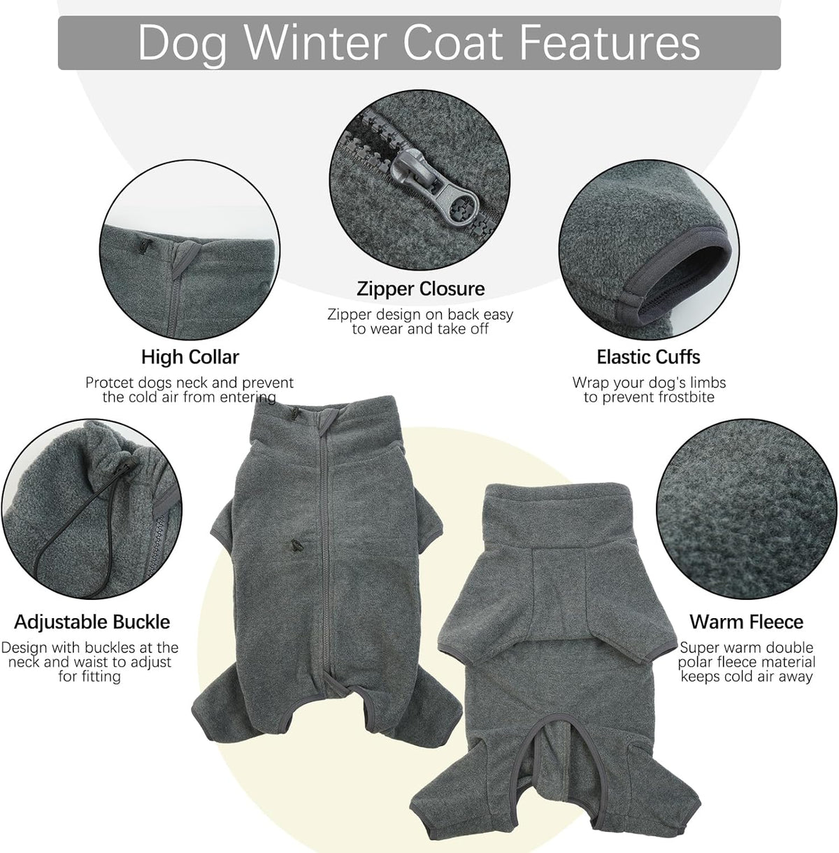 ROZKITCH Fleece Jacket for Dogs, Pet Windproof Warm Cold Weather Jacket Vest Cozy Jumpsuit Apparel Outfit Clothes for Small Medium Large Dog Walking Hiking Sleep Grey M