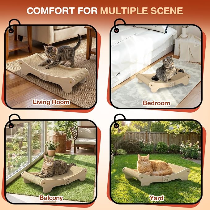NOCOEX Sisal Cat Scratcher Bed: Wood Scratch Board Hammock for Indoor Cats | Natural Solid Wood Curved Frame Lounger Sleep Scratching Pad Post Large Cats 45 lbs, Easy Assembly Modern Furniture Protector
