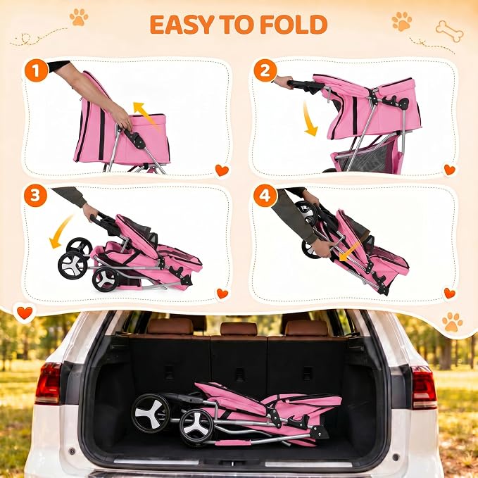 ZENY Foldable Pet Stroller, Cat/Dog Stroller with 4 Wheel, Pet Travel Carrier Strolling Cart with Storage Basket, Cup Holder (Pink)
