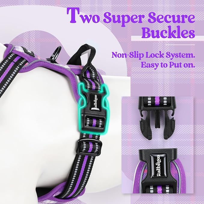 rabbitgoo Dog Harness, No Pull for Large Dogs with 2 Leash Clips, Pet Vest | No Choke with Handle, Adjustable Soft Padded, Reflective, Easy Control for Walking, Purple Plaid, Large