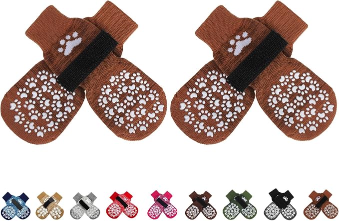 EXPAWLORER Anti Slip Dog Socks to Prevent Licking Paws, Dog Shoes for Hot Pavement, Dog Booties for Small Medium Large Senior Dogs, Traction Control Boots & Paw Protectors for Hardwood Floors Caramel