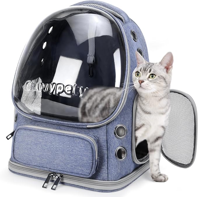 Cawypety Cat Backpack Carrier, Breathable Cat Carrier Large Space Bubble Pet Backpack for Kitty Small Dog up to 12lbs, Transparent & Foldable Pet Carrier for Travel Hiking (Blue