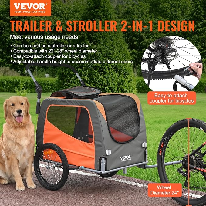 VEVOR Dog Bike Trailer, Supports up to 66/88/100 lbs, 2-in-1 Pet Stroller Cart Bicycle Carrier, Easy Folding Cart Frame with Quick Release Wheels, Universal Bicycle Coupler, Reflectors, Flag
