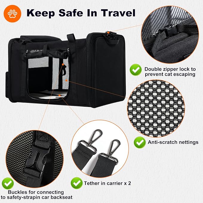 pidipiti 25''(L) x 17''(W) x 17''(H) Extra Large Expandable cat Carrier for car Travel,Soft Crate for 1 Large / 2 Medium Cats up to 35 lbs,Long Road Trip cage with a Leakproof Portable Litter Box