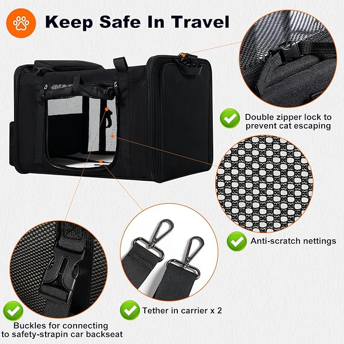 pidipiti 25''(L) x 17''(W) x 17''(H) Extra-Large Expandable cat Carrier for Long Distance car Travel,for 1 Extra-Large cat / 2 Large Cats / 3 Small-Medium Cats up to 35 lbs(Black)