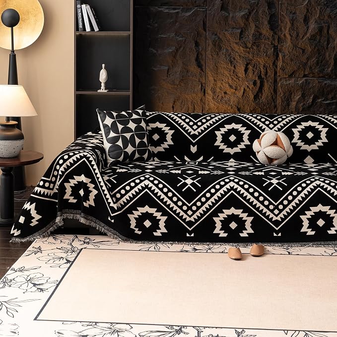 VClife Extra Large Couch Cover for Oversize Sofa Bohemian Sofa Slipcover, Aztec Geometric Chenille Sofa Cover Washable White Black Tribal Pattern Couch Protector Futon Cover 71" X 150"