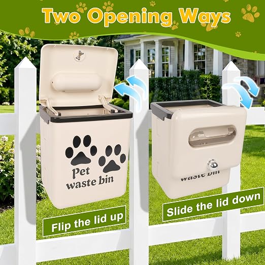 Dog Poop Trash Can Outside - 3.2 Gal Dog Waste Trash Can with Lid, Wall Mounted Dog Poop Bin Removable Dog Waste Container for Outdoor Fence, Patio, Backyard, Counter Top
