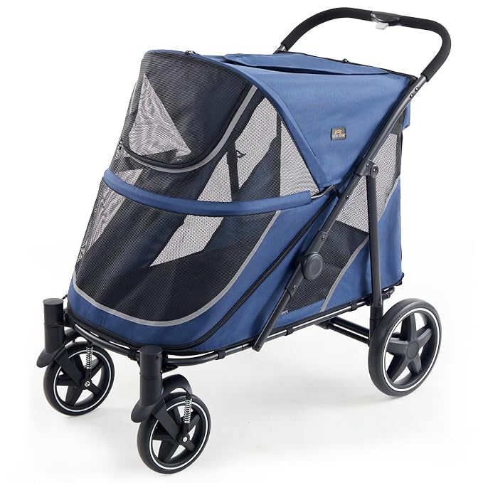 Canine Canyon Denver Dog Stroller for Large & Medium Dogs- Easy Fold All-Terrain Pet Stroller for 2 Dogs with Dual Entry, One-Foot Brake, Sunroof & Breathable Windows, Up to 130 lbs, Blue