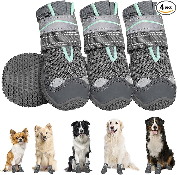 SlowTon Dog Shoes for Large Small Medium Dogs - Breathable Dog Boots for Summer Hot Pavement, Paw Protector for Outdoor Walking Winter Snow, Anti-Slip Rubber Dog Booties for Hardwood Floor (Grey, 4)