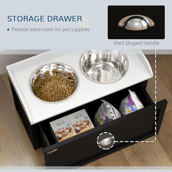 Pet Feeding Station with Storage, Elevated Dog Bowls Set for Large Dogs, White and Black Dual Bowl Feeder with Built-in Food Compartment, Raised Pet Dish Stand for Indoor Outdoor U