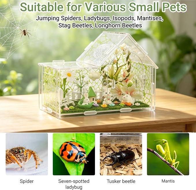 Acrylic Jumping Spider Enclosure Kit 27PCS with Decor | 27-in-1 whimsical set with cloud decor, green house, bunny figurines, ideal for mantis & tarantula