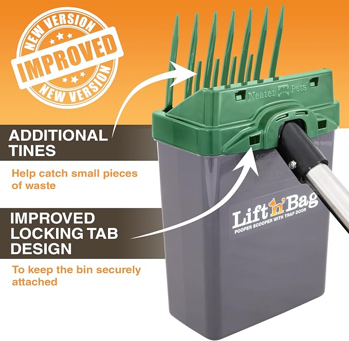 Neater Pet Brands Lift N’ Bag 2.0 Dog Pooper Scooper with Bag Attachment & 31" Pole for Small to Large Dogs, New Longer Pole, 195 Refill Bags, Heavy Duty Dog Poop Scooper for Yard, One-Hand Use