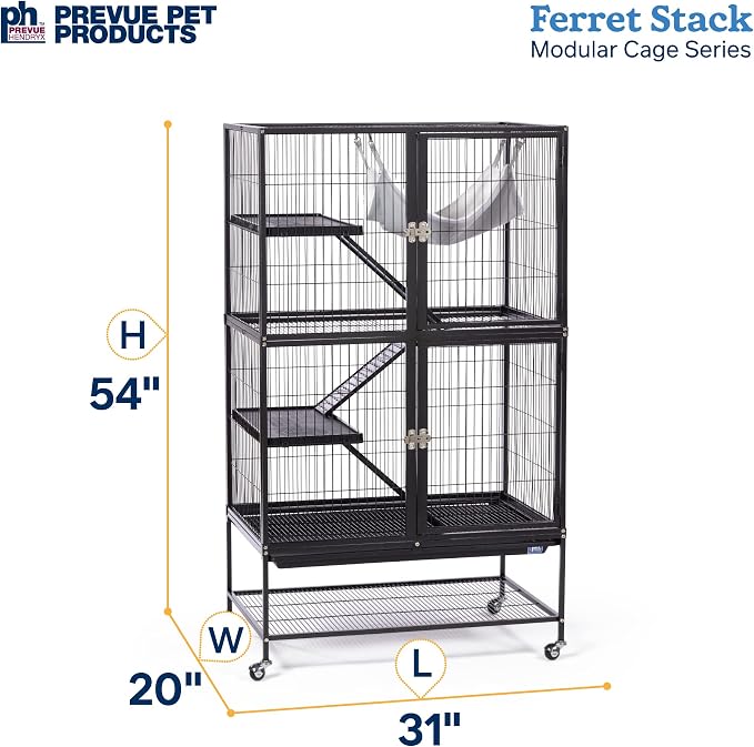 Prevue Pet Products Ferret Stack Two Story Ferret Home - Portable Stand, Escape Proof Lock, Includes Hammock & Ramps, Expandable Two Story Cage Stacking System with Wheels - Black