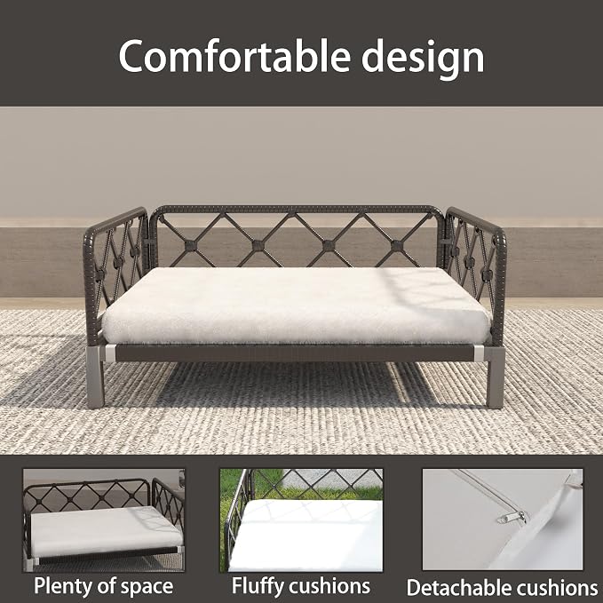 Elevated Waterproof Dog Beds with Egg Crate Foam Support, Outdoor Dog Sofa Bed PE Wicker Orthopedic Pet Bed with Washable Removable Cushion for Large, Medium, Small Dogs (White)