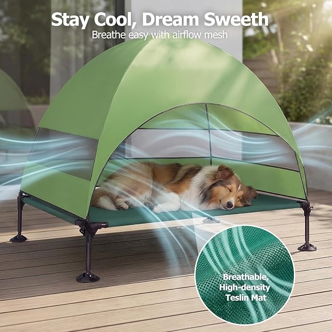 Elevated Dog Bed with UV-Proof Canopy, Outdoor Dog Tent with Powerful Adjustable Feet, Portable Pet Cot with Wider Shade, Raised Cooling Bed for Camping, Patio, Beach, Poolside