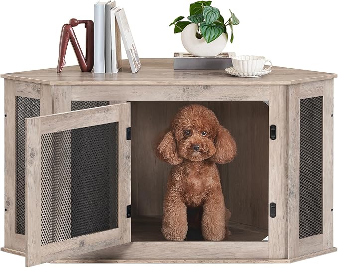 MAHANCRIS Corner Dog Crate Furniture, Wooden Dog Kennel End Table, Decorative Pet Crate Indoor Use, Furniture Style Dog House for Small Medium Dog, Dog Cage TV Stand, Greige and Black DCHG0801
