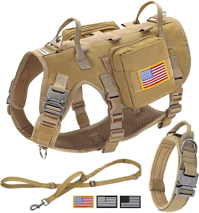 Forestpaw Tactical Dog Harness Collar Bungee Leash Set,L,Coyote Brown | Adjustable Fits 27-40" Chest,70-140 lbs,No Pull Control Military Style,Quick Release Buckle,Walking for Medium Large Dogs