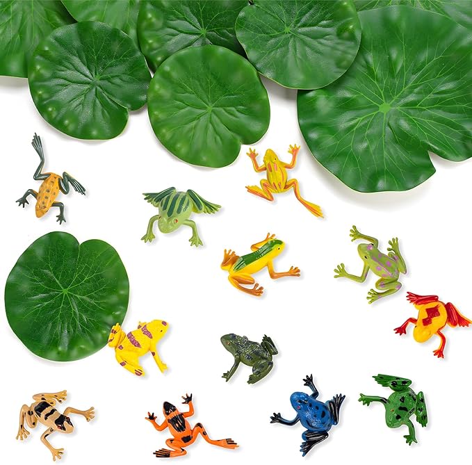 32 Packs Mini Plastic Frog Decor and Artificial Lily Pads, | 12 Colorful Plastic Frogs & 20 Floating Lily Pads, Artificial Pond Plants for Garden Pool Decor Party Favor Classroom