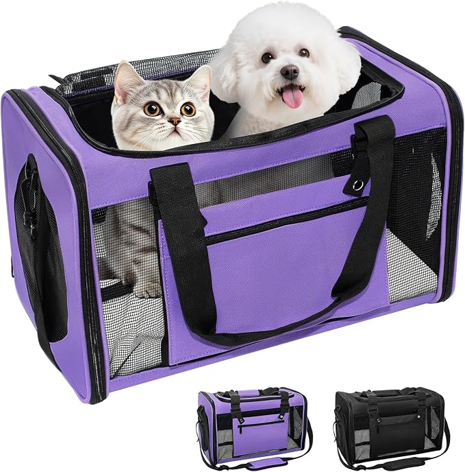 Soft-Sided Cat Carrier Expandable Pet Carrier Airline Approved Mesh Zipper with Lock Travel Carrier Up to 15lbs for Cats Dogs Collapsible Escape-Proof with Strap (18x11x11 Purple-L)
