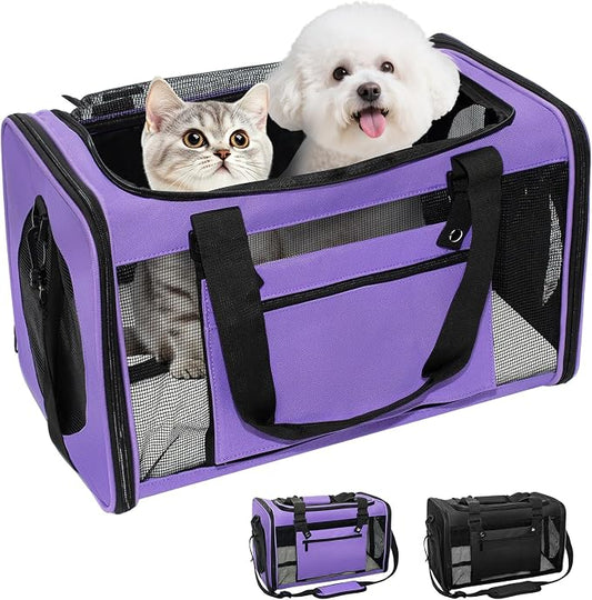 Soft-Sided Cat Carrier Expandable Pet Carrier Airline Approved Mesh Zipper with Lock Travel Carrier Up to 15lbs for Cats Dogs Collapsible Escape-Proof with Strap (18x11x11 Purple-L)