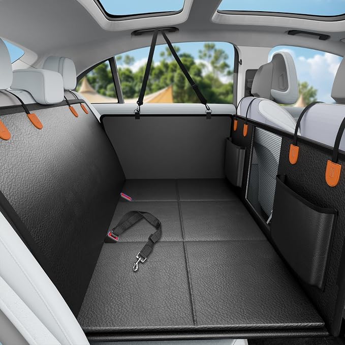 Dog Car Seat Cover for Back Seat, PU Back Seat Extender For Cars SUV | Black,Hold 400lbs,PU Leather,Waterproof,Anti-Scratch,Non-Slip,600D Oxford,Mesh Window,Storage Pocket,For Cars/SUV/ Sedans/MPV