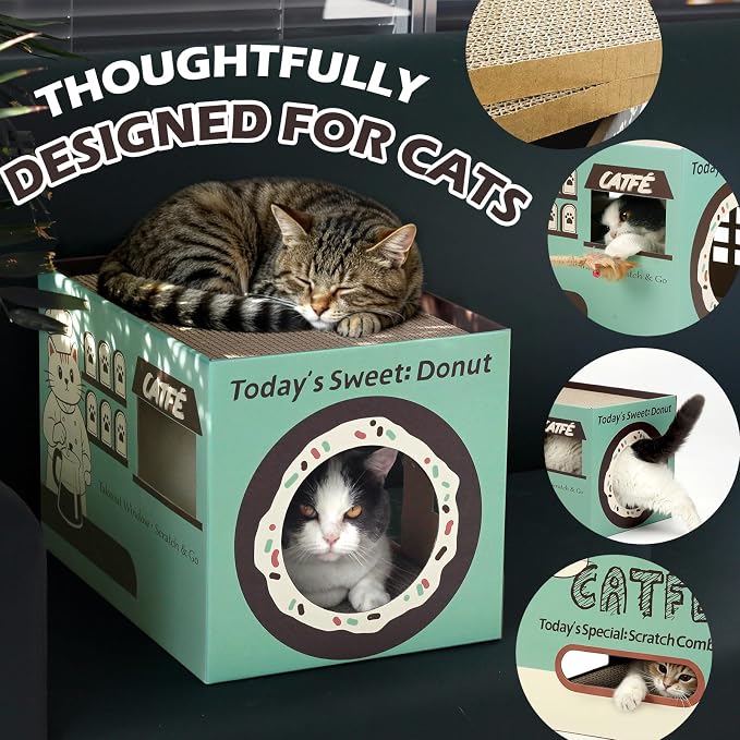 ARGOPET Cardboard Cat Scratcher House, Cozy Cardboard Design with 2 PCS Scratching Pads, Cat Scratcher Box & Bed, 17-Inch Corrugated Cat Scratcher, Safe and Secure for Kittens, Easy to Assemble（Green）