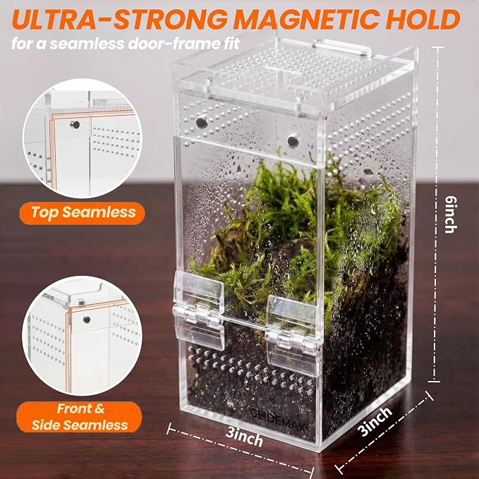 Jumping Spider Enclosure - 3x3x6 Acrylic Tarantula Enclosure Reptile Habitat with Front & Top Magnetic Doors, 0.04" Ventilation Holes Pre-Assembled Terrarium for Spiders, Mantis, Snails, Lizards